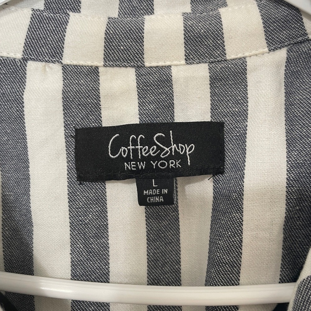 Navy Blue White Striped Double Breasted Trench Coat Jacket Belted Cuffs Large - Picture 2 of 8